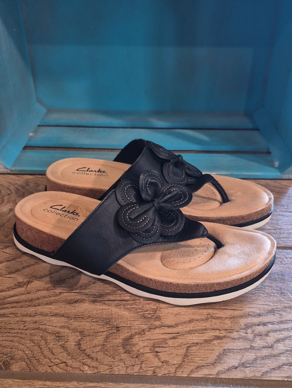 Clarks Black Floral Toe-Post Sandals with Cork-Look Sole